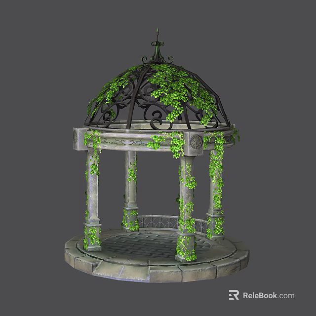 Ornate Stone Gazebo With Metal Roof Covered In Green Ivy And Pillars 3d model 