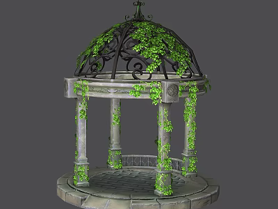 Ornate Stone Gazebo With Metal Roof Covered In Green Ivy And Pillars 3d model