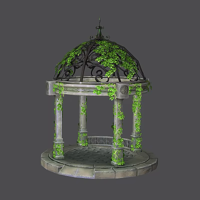 Ornate Stone Gazebo With Metal Roof Covered In Green Ivy And Pillars 3d model