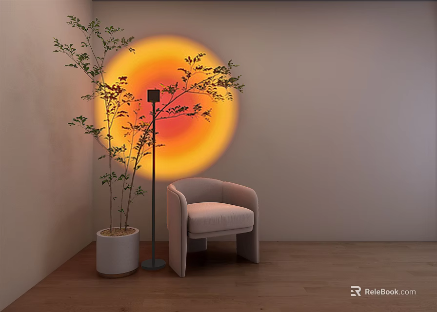 Modern Floor Lamp With Sunset Light Projection And Armchair In Living Room 3d model 