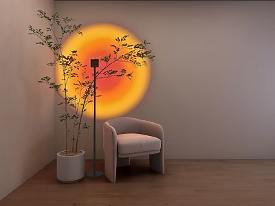 Modern Floor Lamp With Sunset Light Projection And Armchair In Living Room 3d model