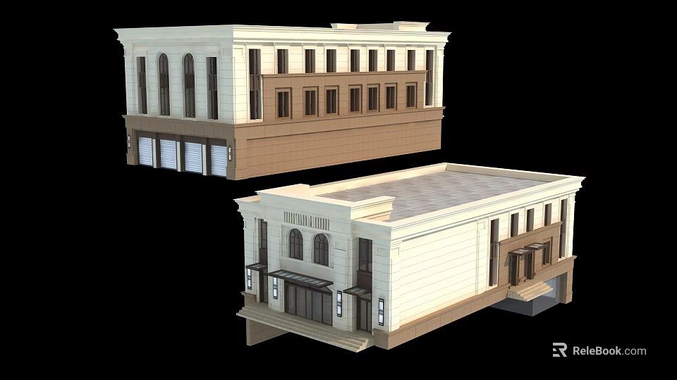 Modern Classical Commercial Complex With Multi Storey Stone Facade Arched Windows And Portico 3d model 