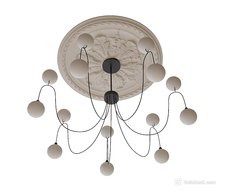 Modern Chandelier With Spherical White Bulbs Black Metal Frame And Decorative Ceiling Design 3d model 