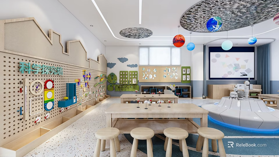 Bright Kindergarten Classroom With Colorful Wall Decor Wooden Tables And Hanging Globe Ornaments 3d model 