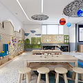 Bright Kindergarten Classroom With Colorful Wall Decor Wooden Tables And Hanging Globe Ornaments
