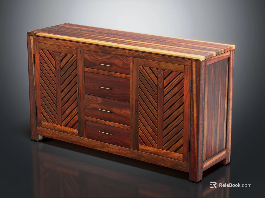 Traditional Style Solid Wood Storage Cabinet With Herringbone Pattern Doors And Drawers 3d model 