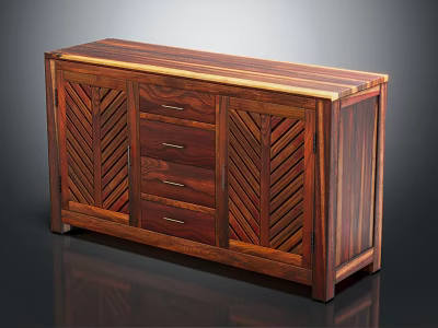 Traditional Style Solid Wood Storage Cabinet With Herringbone Pattern Doors And Drawers 3d model
