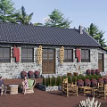 Rural Self-built House with Stone Walls Gray Tile Roof Outdoor Clay Pots and Palm Trees