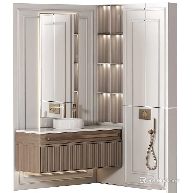 Modern Bathroom Vanity Design With Wooden Cabinet White Countertop And Brass Faucet Mirror Lighting 3d model 