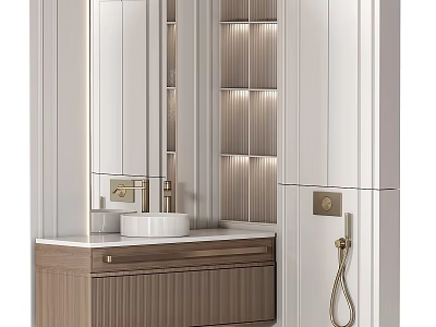 Modern Bathroom Vanity Design With Wooden Cabinet White Countertop And Brass Faucet Mirror Lighting 3d model