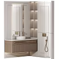 Modern Bathroom Vanity Design With Wooden Cabinet White Countertop And Brass Faucet Mirror Lighting