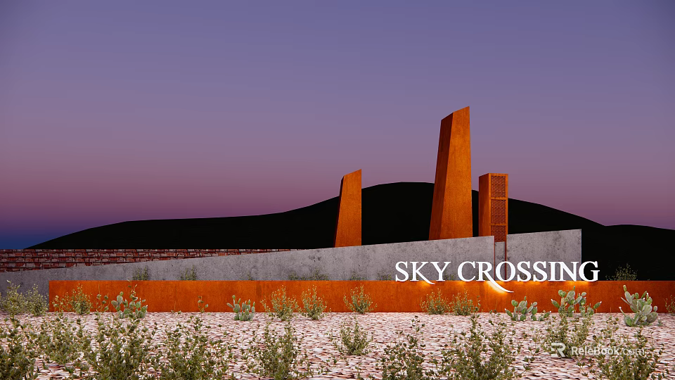 Orange Landscape Wall At Sky Crossing With Purple Sky And Desert Plants 3d model 