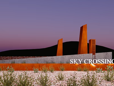 Orange Landscape Wall At Sky Crossing With Purple Sky And Desert Plants 3d model