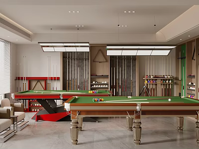 Billiard Room Interior Design Featuring Multiple Pool Tables Overhead Lighting And Comfortable Seating 3d model