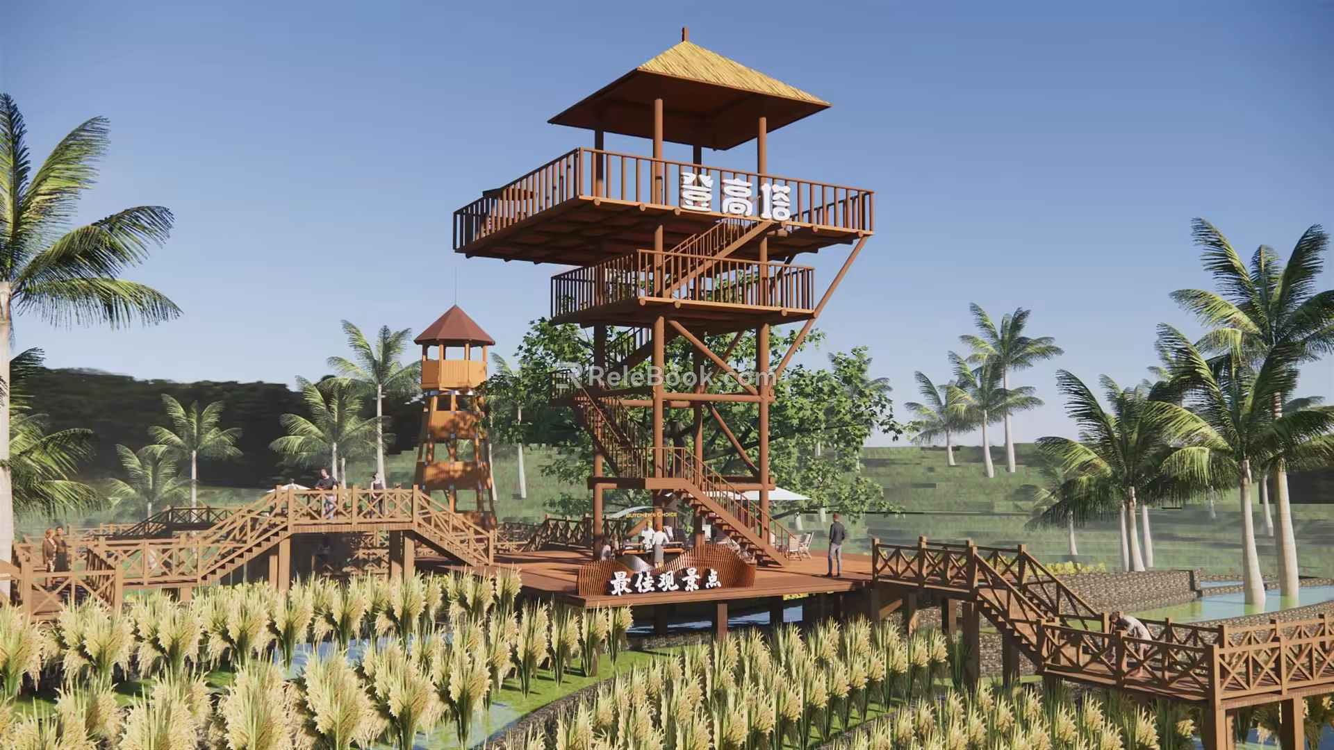 Modern Viewing Deck Viewing Tower Viewing Platform Viewing Tower Mountain Wooden Plank Road Thatched House Rural Corridor Viewing Tower 3d model