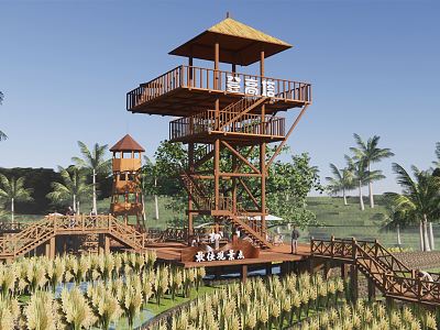 Modern Viewing Deck Viewing Tower Viewing Platform Viewing Tower Mountain Wooden Plank Road Thatched House Rural Corridor Viewing Tower model