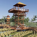Modern Viewing Deck Viewing Tower Viewing Platform Viewing Tower Mountain Wooden Plank Road Thatched House Rural Corridor Viewing Tower 3d model