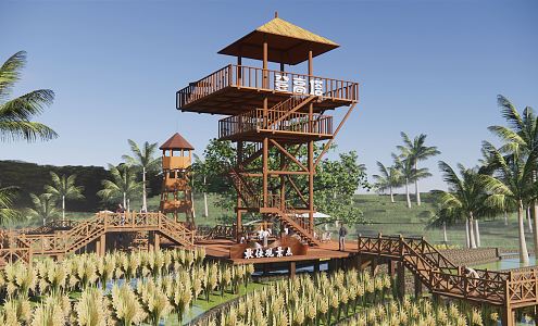 Modern Viewing Deck Viewing Tower Viewing Platform Viewing Tower Mountain Wooden Plank Road Thatched House Rural Corridor Viewing Tower 3d model