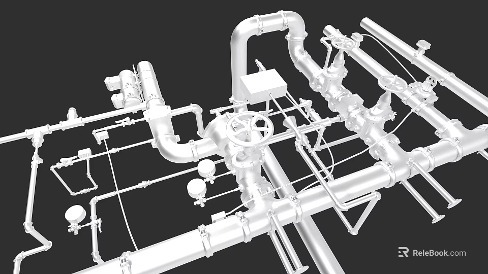 Industrial Equipment Pipeline System With Valves Gauges And Metal Components 3d model 