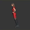 Woman In Red Dress Standing With Hands On Hips Against Gray Background