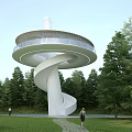 White Spiral Tower With Round Observation Deck And Cable Stayed Structure In Forest