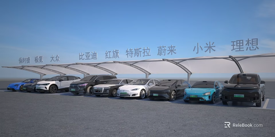 Various Cars Including Volkswagen BYD Hongqi Tesla NIO Xiaomi Parked Under Canopy 3d model 