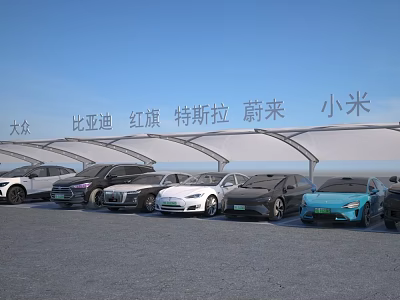 Various Cars Including Volkswagen BYD Hongqi Tesla NIO Xiaomi Parked Under Canopy 3d model