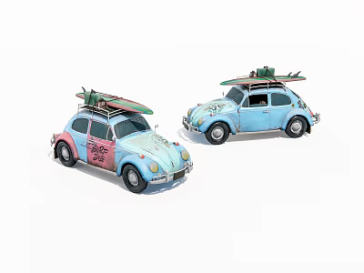 Two Classic Volkswagen Beetle Cars With Surfboards On Roof In Blue And Pink Colors 3d model