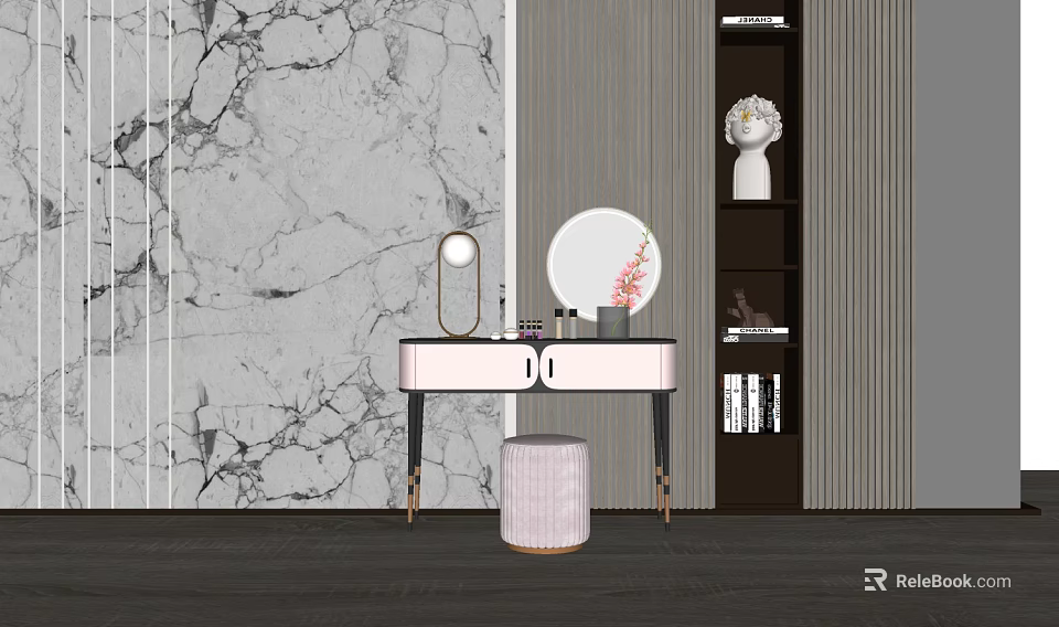 Pink Dressing Table Interior With Round Mirror Stool And Marble Wall Decorations 3d model