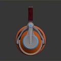 3D Rendered Sci Fi Weapon With Orange Gray Body Red Grip And Blue Glowing Nozzle