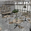 Modern Cafe Interior With Wooden Shelves Metal Tables Hanging Lights And Geometric Floor Tiles