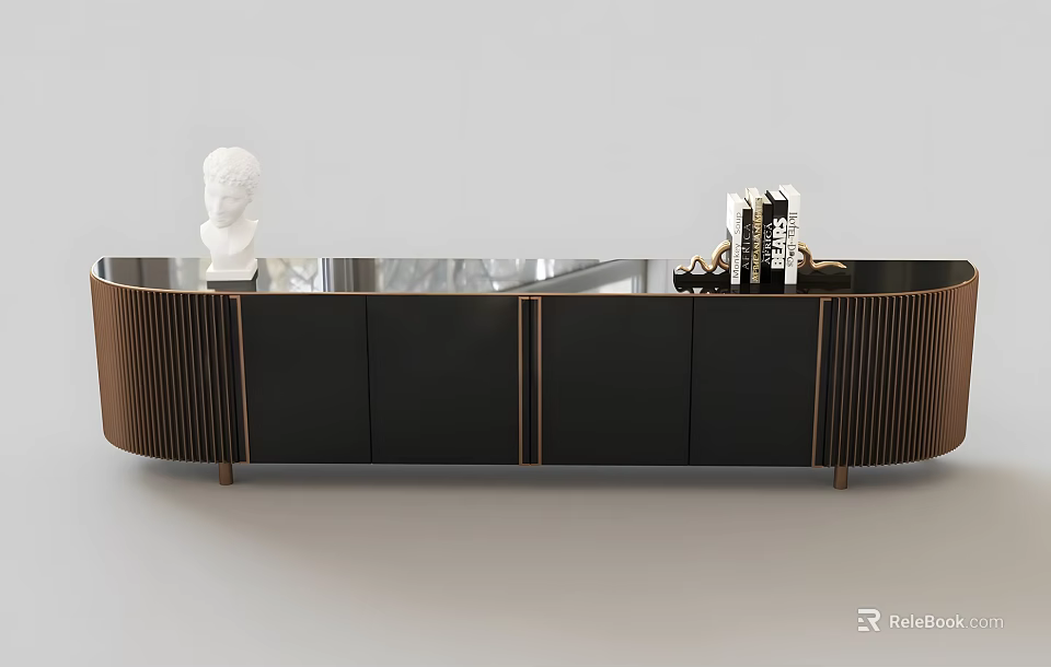 Elegant Modern TV Stand With Black Cabinet Glass Top And Decorative Sculpture Books 3d model 