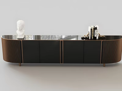 Elegant Modern TV Stand With Black Cabinet Glass Top And Decorative Sculpture Books 3d model