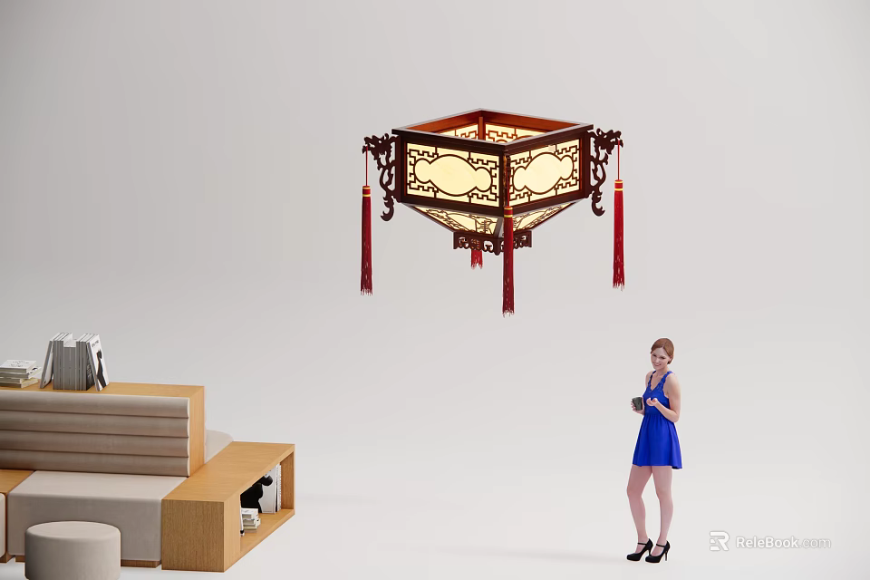 Chinese Style Carved Chandelier With Red Tassels In Modern Living Room 3d model 