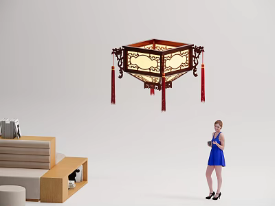 Chinese Style Carved Chandelier With Red Tassels In Modern Living Room 3d model