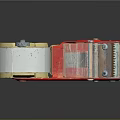 Red And White Mechanical Component With Transparent Panel And Metal Screws