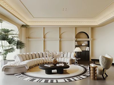 Modern Elegant Living Room With Curved Beige Sofa Round Coffee Table And Geometric Rug 3d model