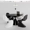 Modern Dining Table Set With Round Black Top White Black Chairs Laptop And Hanging Light