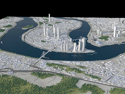 Aerial View Urban Planning With River Skyscrapers Bridge And Green Spaces 3d model