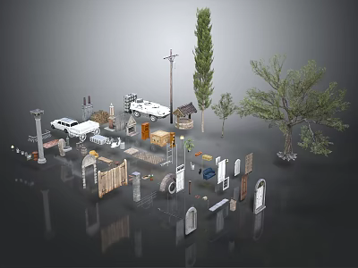 Collection Of Scenery Components Including Trees Street Lamps Traffic Signs And Fence Models 3d model