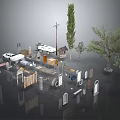 Collection Of Scenery Components Including Trees Street Lamps Traffic Signs And Fence Models