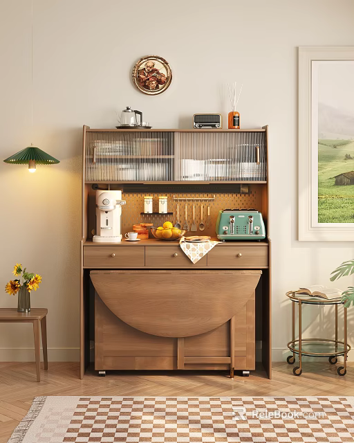 Stylish Wooden Sideboard With Glass Doors Coffee Machine Fruits Hanging Hooks And Cozy Kitchen Decor 3d model 