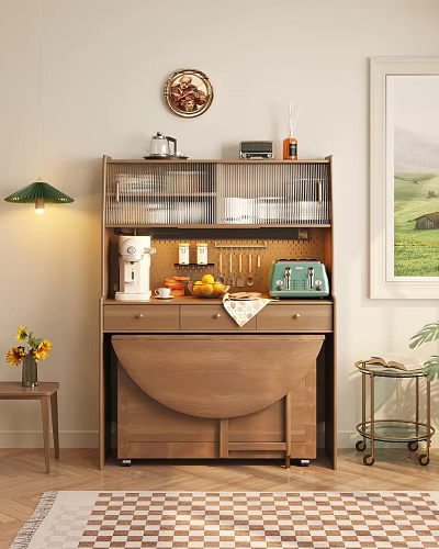 Stylish Wooden Sideboard With Glass Doors Coffee Machine Fruits Hanging Hooks And Cozy Kitchen Decor 3d model