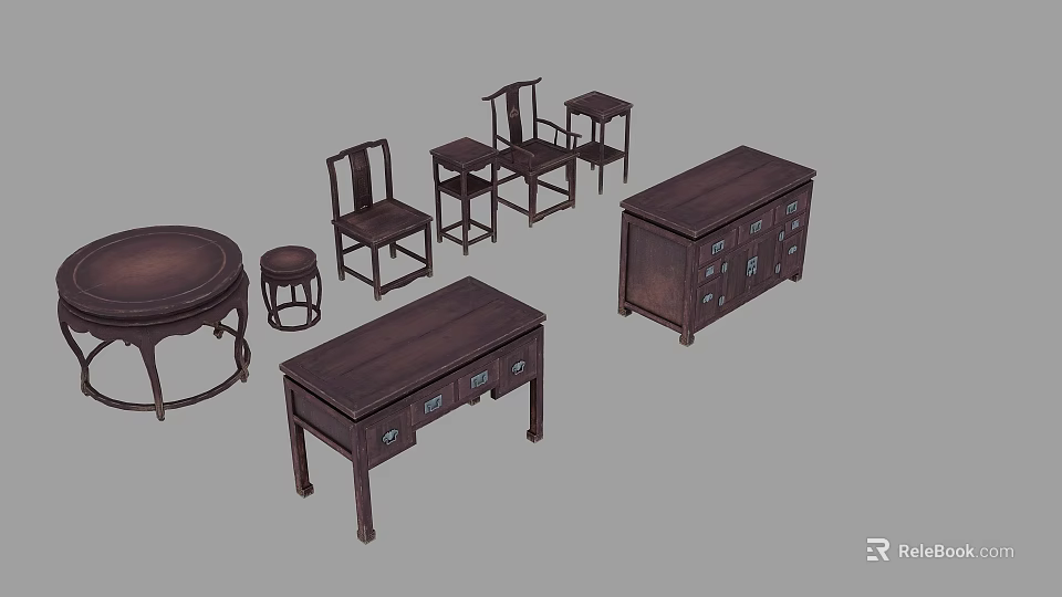 Classic Wooden Dining Table Set With Round Table Square Table Chairs Stools And Cabinet 3d model