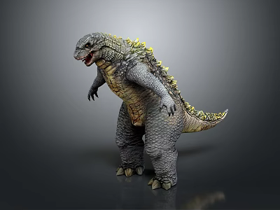 Fierce Game And Movie Monster Character With Gray Skin Yellow Dorsal Fins And Open Mouth 3d model
