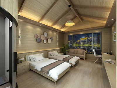 Hotel Guest Room With Wooden Interior Twin Beds City Night View And Cozy Sofa 3d model