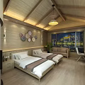 Hotel Guest Room With Wooden Interior Twin Beds City Night View And Cozy Sofa