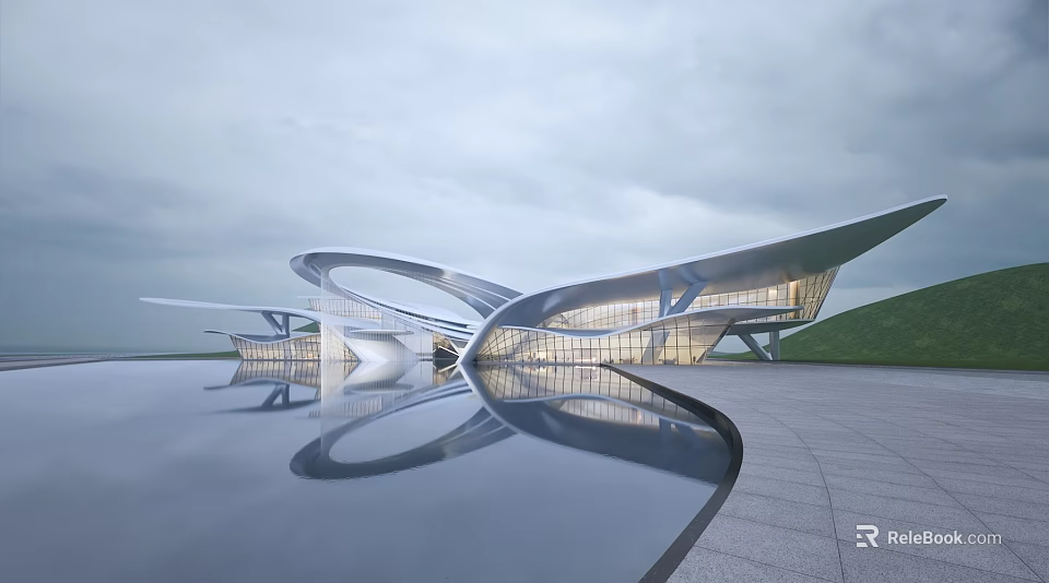 Modern Sales Center Building With Curved Glass Facade Water Reflection And Open Plaza 3d model 