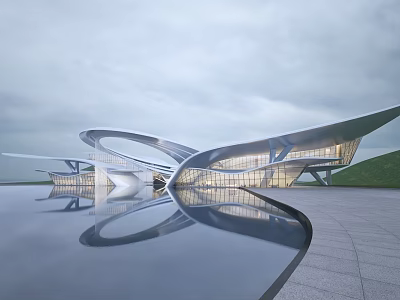 Modern Sales Center Building With Curved Glass Facade Water Reflection And Open Plaza 3d model