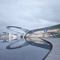 Modern Sales Center Building With Curved Glass Facade Water Reflection And Open Plaza